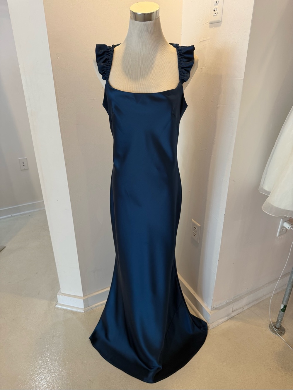 Women's Navy Satin Maxi Dress with Ruffle Shoulder Straps